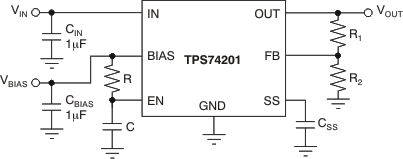 TPS74201 使用 RC 电路启用时的软启动延迟