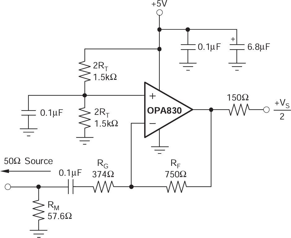 OPA830 交流耦合、G = –2 示例电路