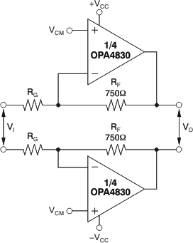 OPA4830 反相差分 I/O 放大器