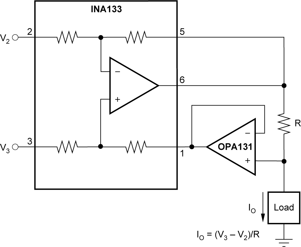 INA133 INA2133 实现低 IOUT 的差分输入电压至电流转换器