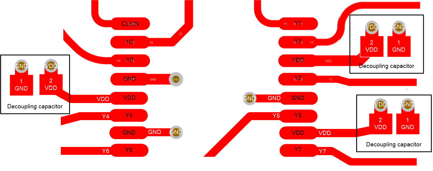 LMK1C1102A LMK1C1103A LMK1C1104A LMK1C1106A LMK1C1108A 14 引脚和 16 引脚 PW 器件的布局示例