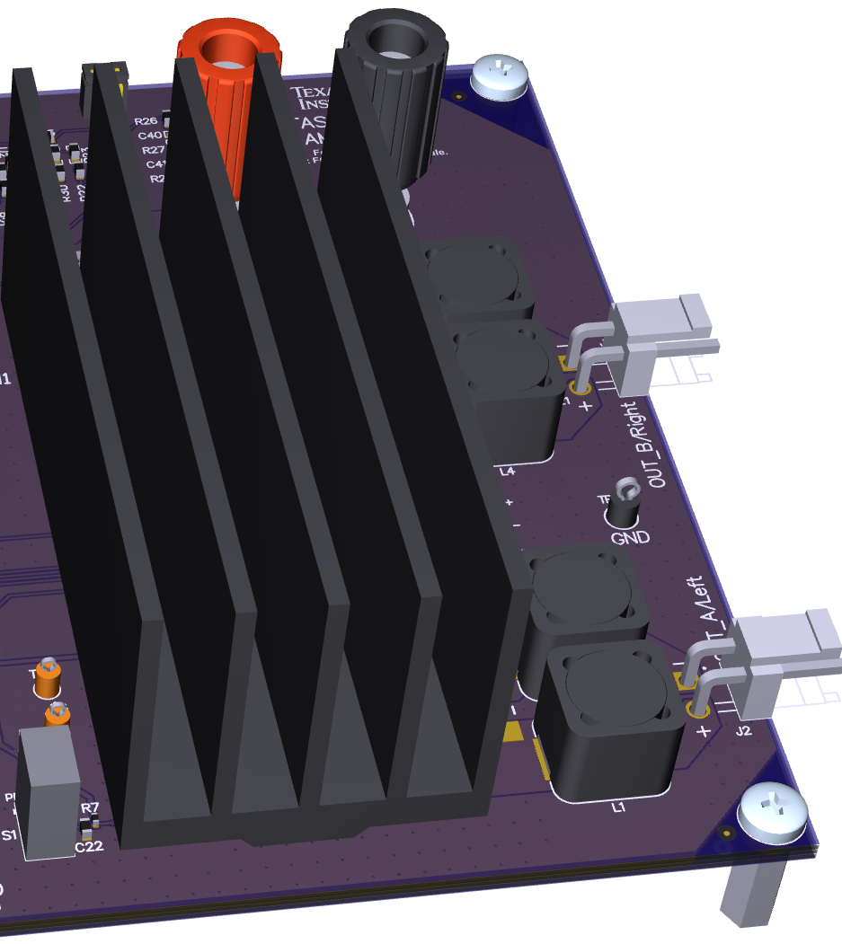 TAS5830 2.0（立体声 BTL）EVM 3D 顶视图（带散热器）
