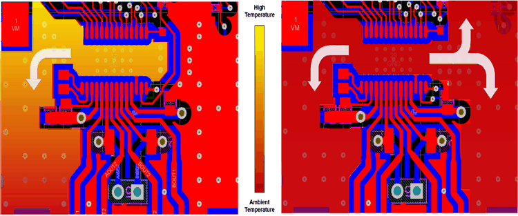 DRV8844A 中断接地平面覆铜与连续接地平面覆铜的热图