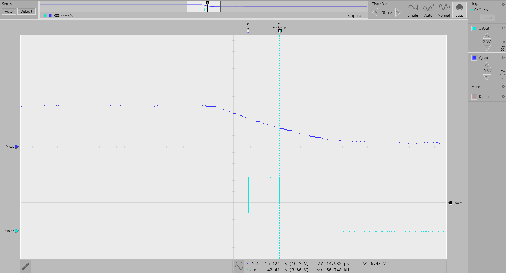 TIDA-01509 单根断线检测，V = 14.9V，Rpullup = 100kΩ - V_cap (2)，ChOut (1)