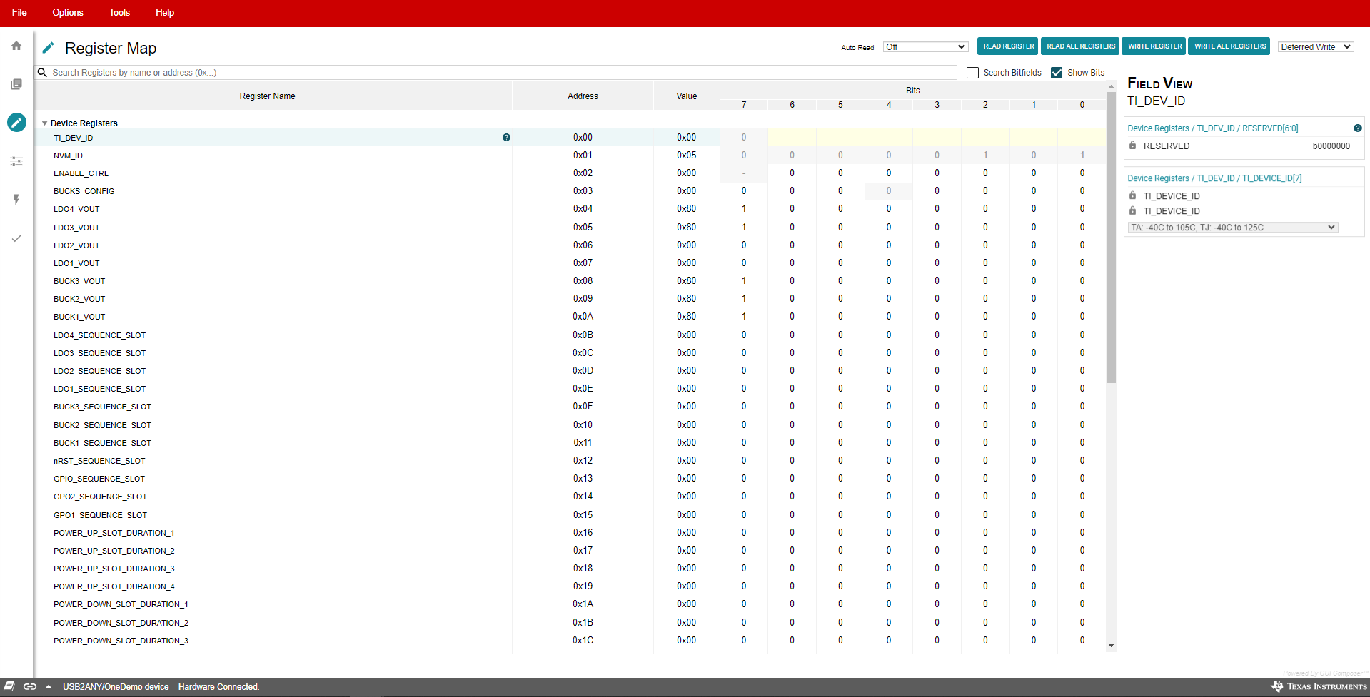 TPS65219 TPS65219EVM 寄存器映射页面