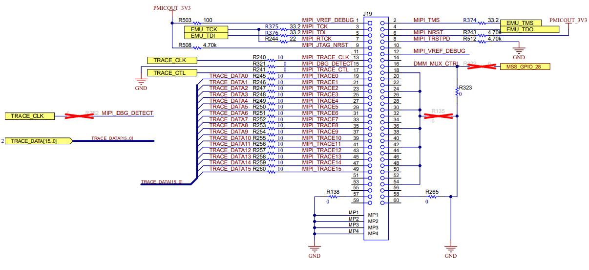 TMDS273EVM, TMDS273GPEVM, TPR12REVM MIPI 60 连接器原理图
