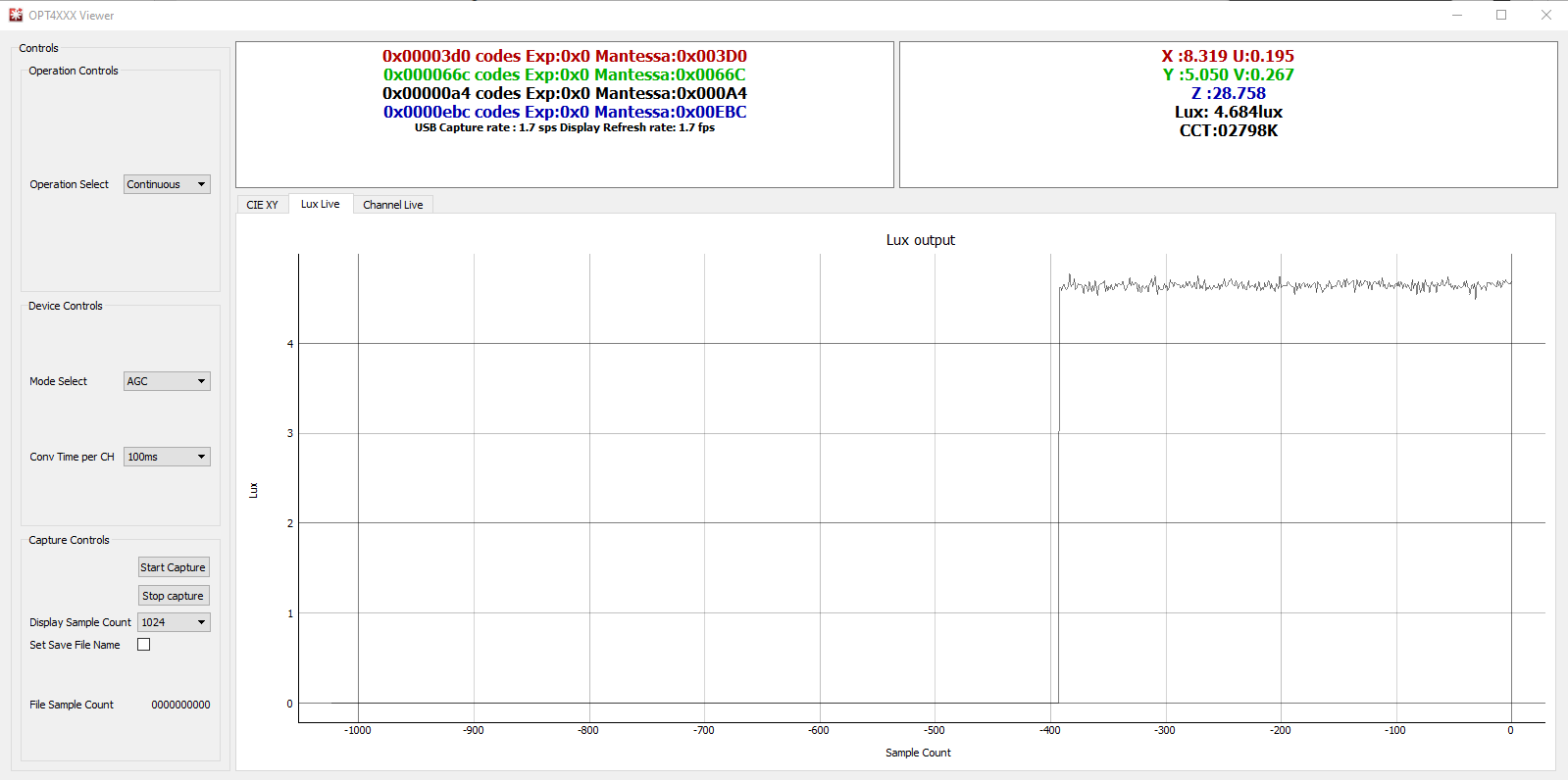 OPTEVM OPT4048DTSEVM 的“Lux Live”窗口
