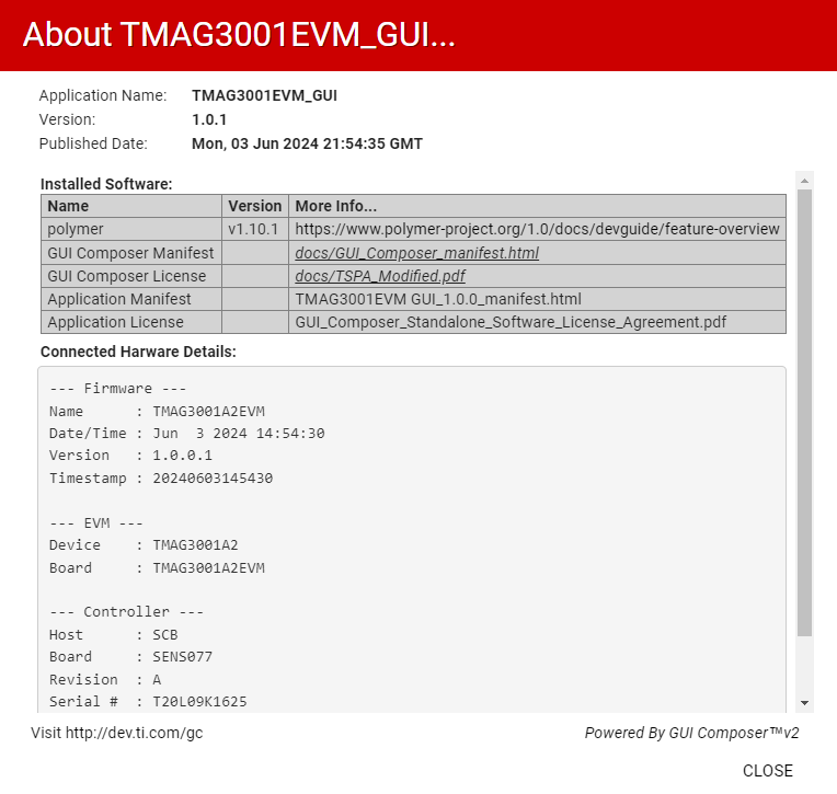 TMAG3001EVM GUI“About”屏幕中的固件修订版本