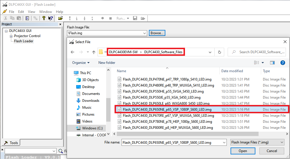DLPC4430EVM 加载闪存映像