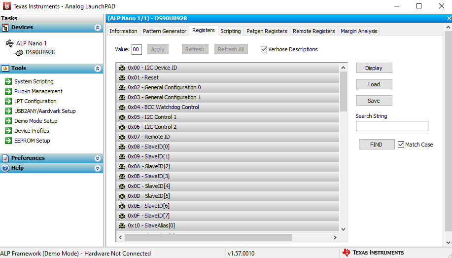 DS90UB928QEVM 寄存器选项卡