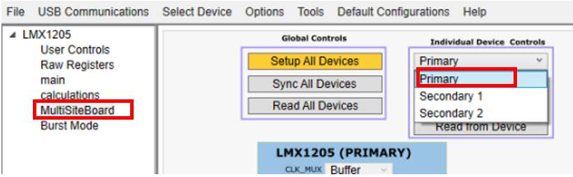 LMX1205MSEVM 器件选择软件配置