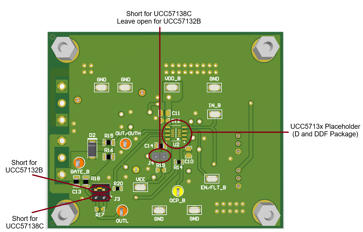 UCC57142EVM 每个 UCC5713x IC 型号的跳线 J3 和 J4
                    选择