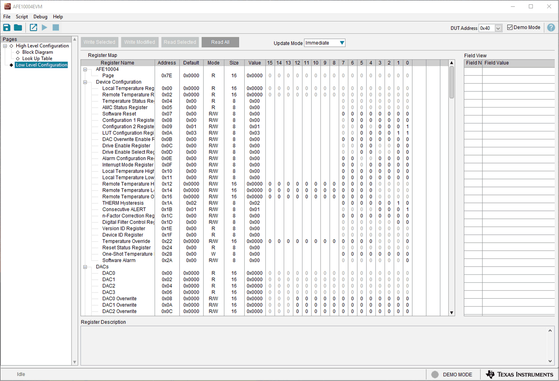 AFE10004EVM 启动时的 AFE10004EVM GUI
