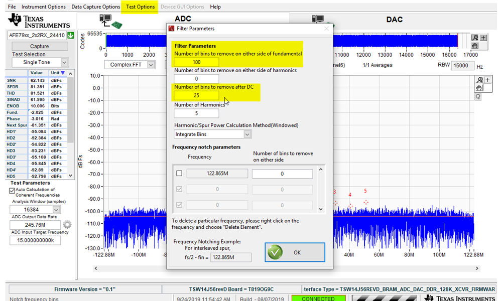 TRF-LSC-AFE7950EVM HSDC PRO ADC 性能 FFT 频段配置