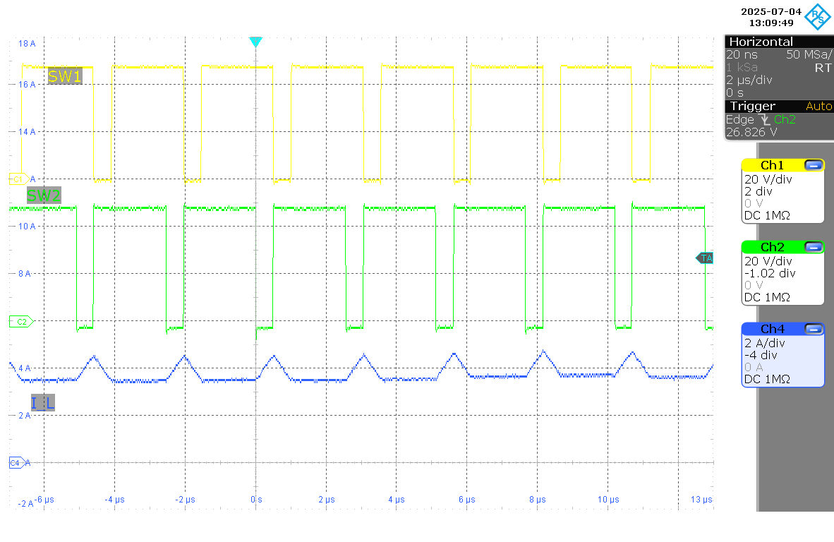 LM51770 SW1、SW2、IL（VIN = 48V，IOUT = 3.0A，FPWM 模式）