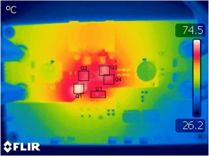 LM51770 热像图：VIN = 48V，IOUT = 4.0A，无强制空气冷却