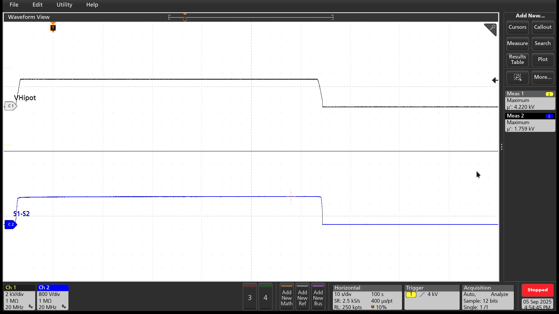 TPSI2240-Q1 HV = 4,300V 时的次级检测 (S1) 和电压检测 (S2) 测试点