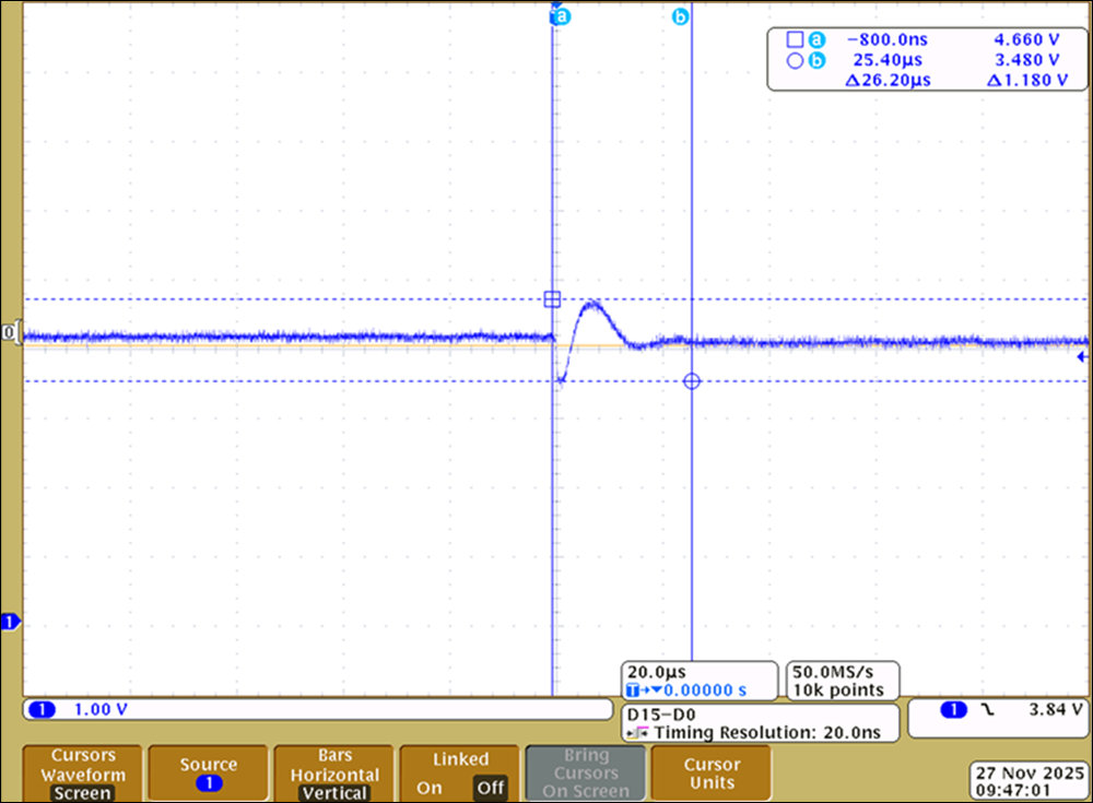 TIDA-010962 从 500mA 切换到 10mA 电流量程时的切换毛刺瞬态